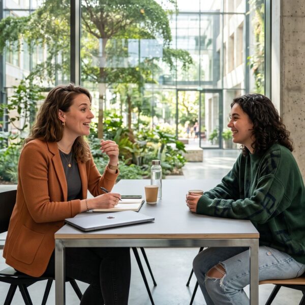 Begeleider in gesprek met student in aula