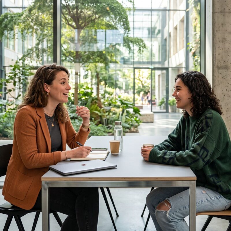 Begeleider in gesprek met student in aula