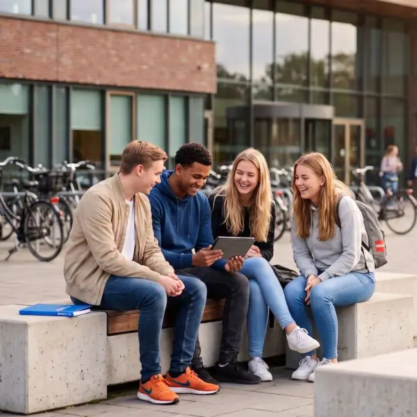 Groep studenten lachend op buitenplein