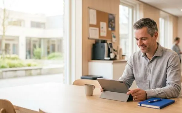 Docent met tablet in docentenkamer mbo