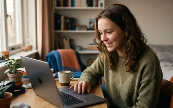 Jonge vrouw meldt zich digitaal aan op haar slaapkamer