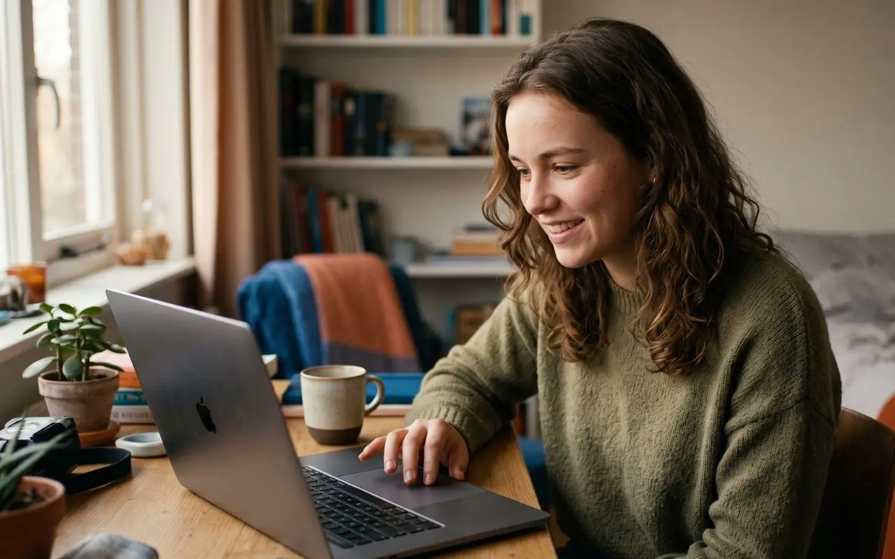 Jonge vrouw meldt zich digitaal aan op haar slaapkamer