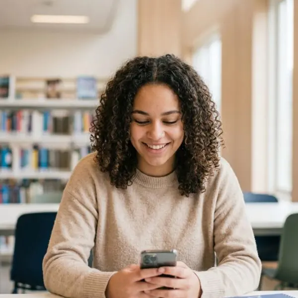 Student zit in biblitheek mbo met smartphone en lacht