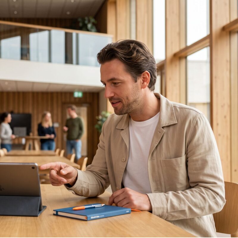 Mannelijke student met tablet in aula