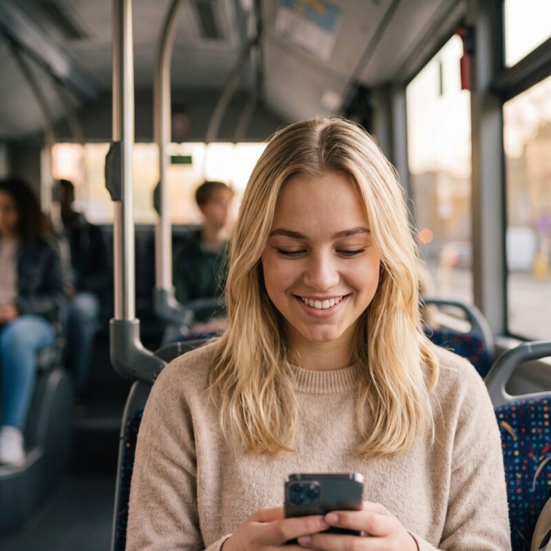 Student met smartphone in bus en lacht