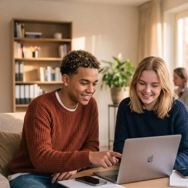 Studenten werken samen met laptop