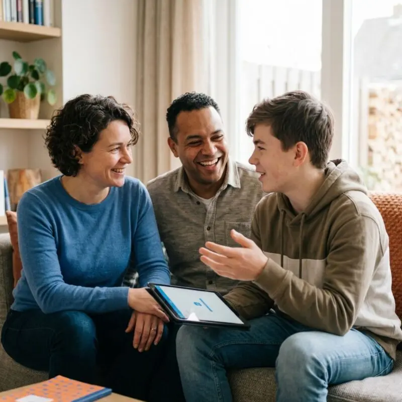 Ouders met student thuis op de bank
