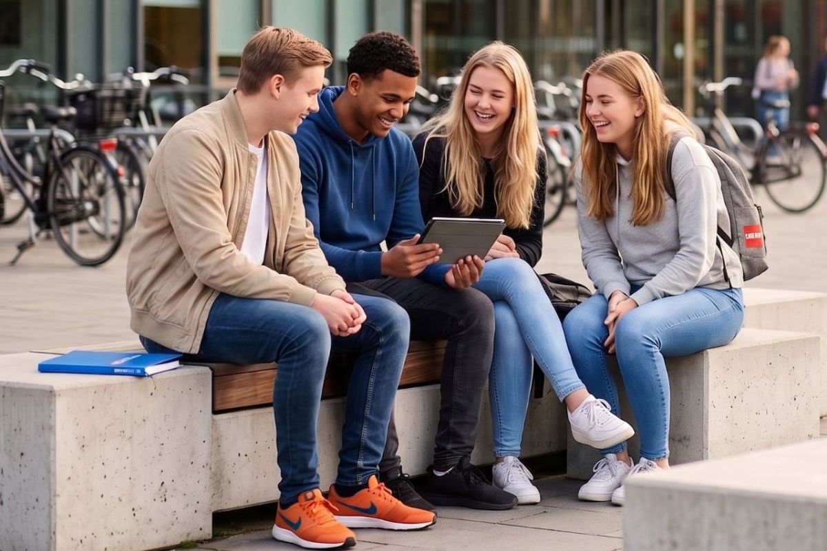 Mbo studenten bekijken Eduarte app op tablet op buitenplein school